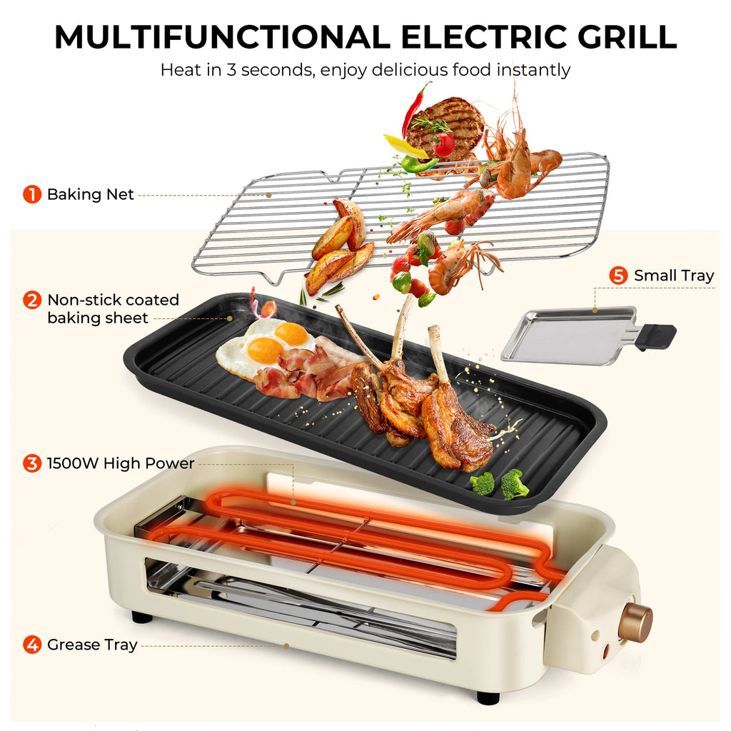 Smoke-Free Electric Grill Includes grill rack, baking tray