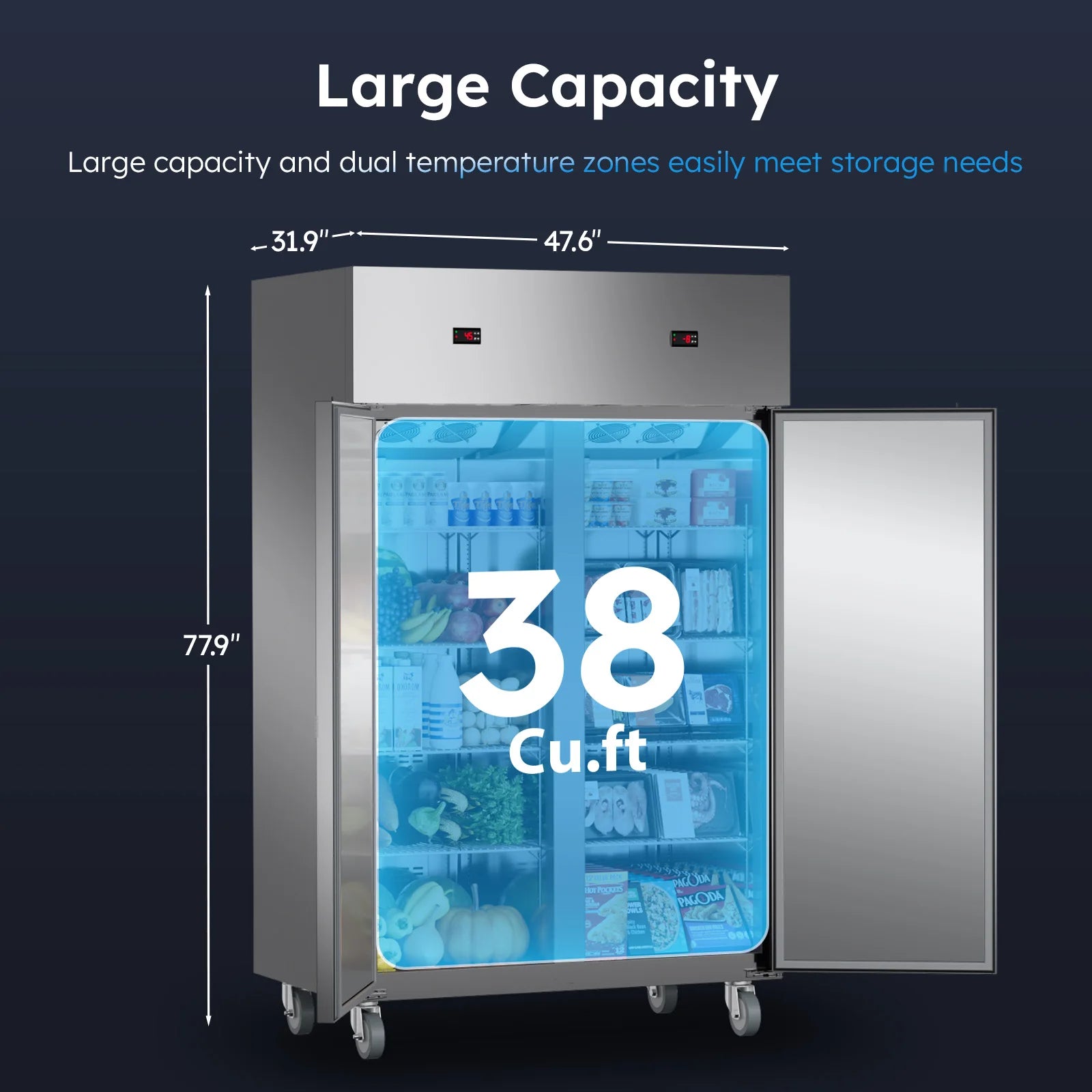 48" W Commercial Refrigerator Freezer 2 Temperature Zones