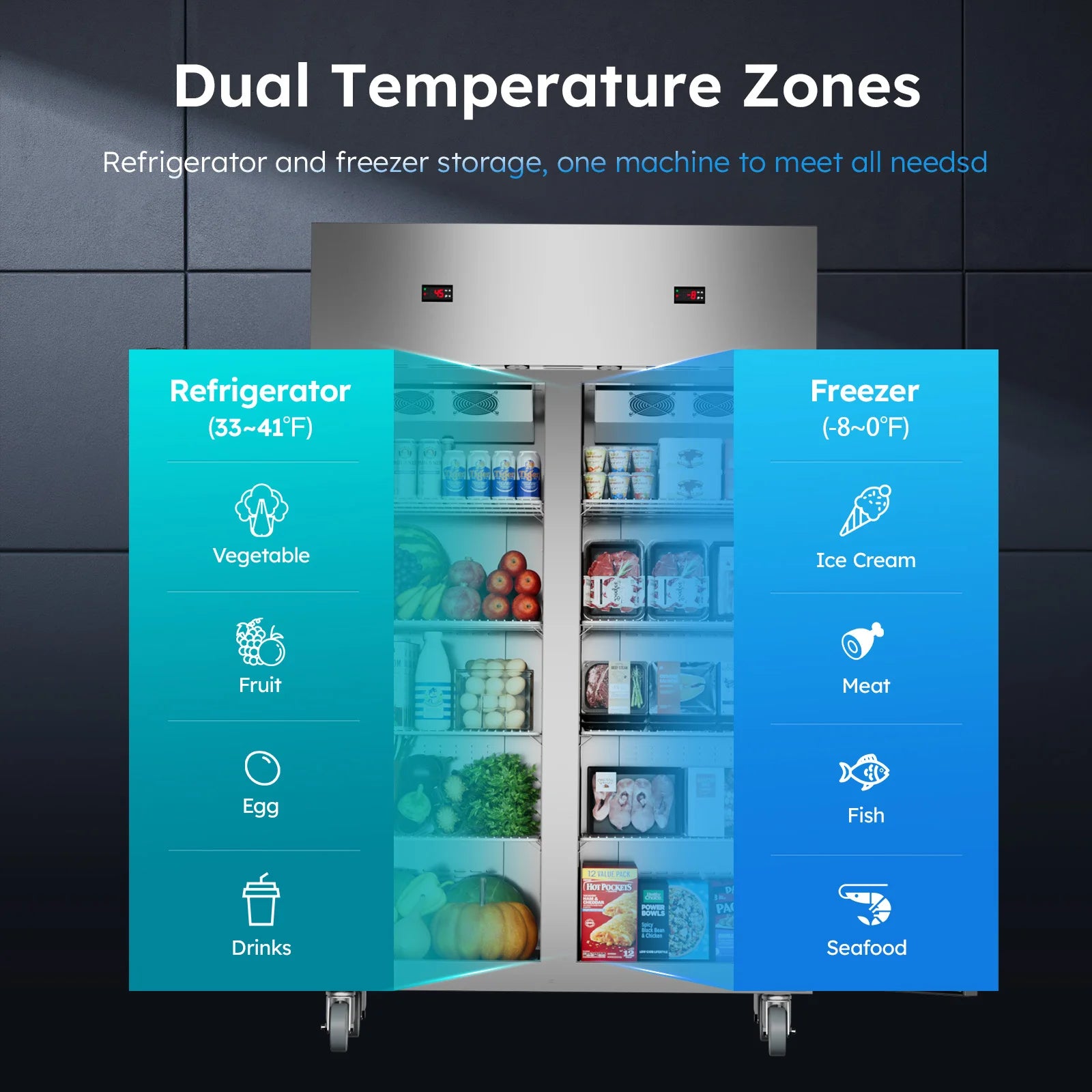 48" W Commercial Refrigerator Freezer 2 Temperature Zones