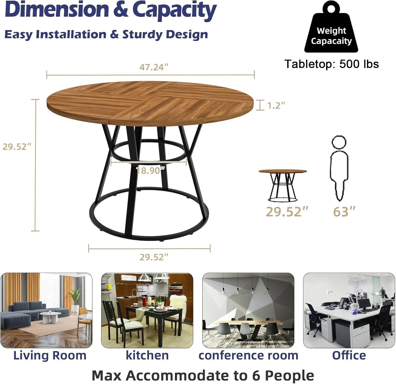47” Round Dinner Table for 4 6, wood metal