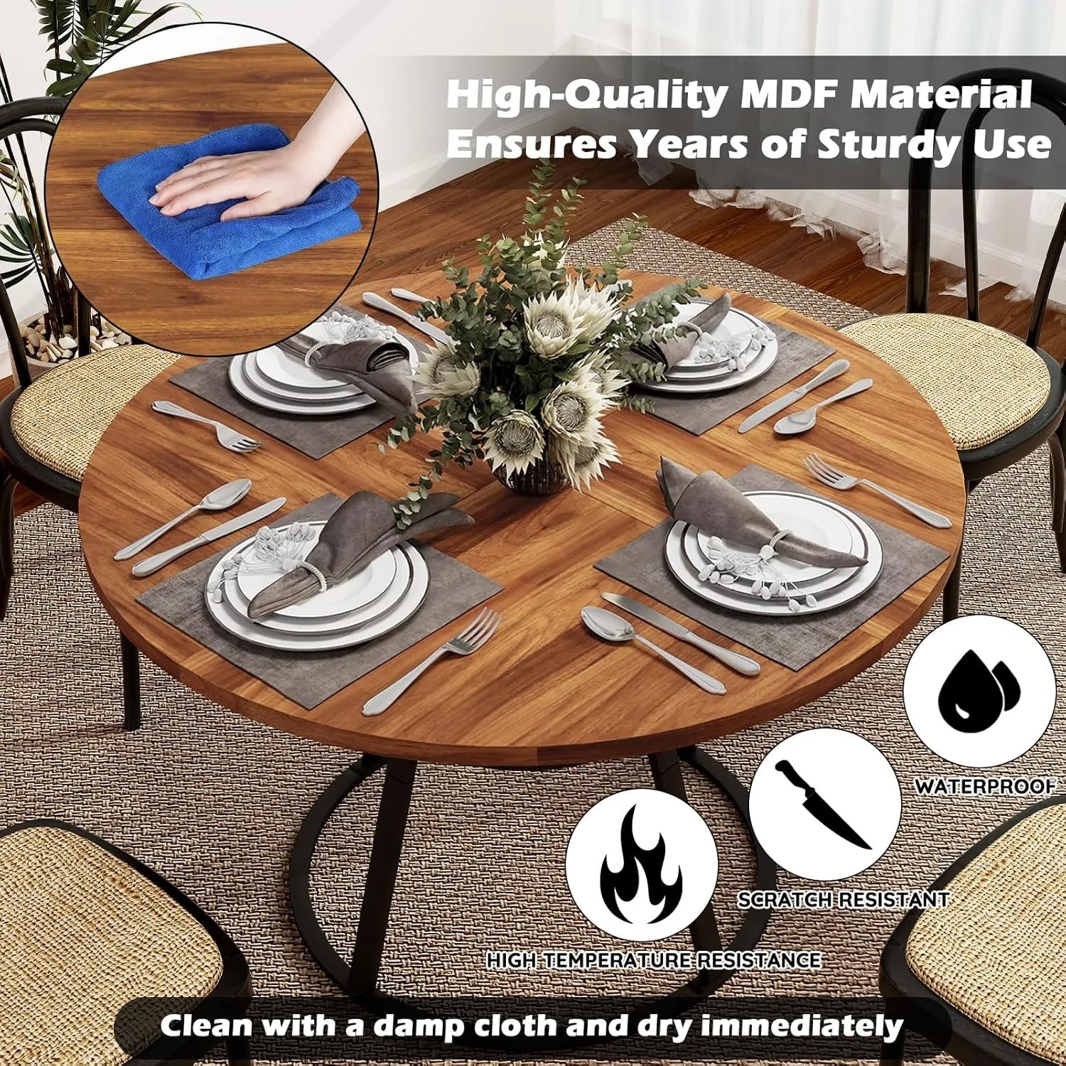 47” Round Dinner Table for 4 6, wood metal