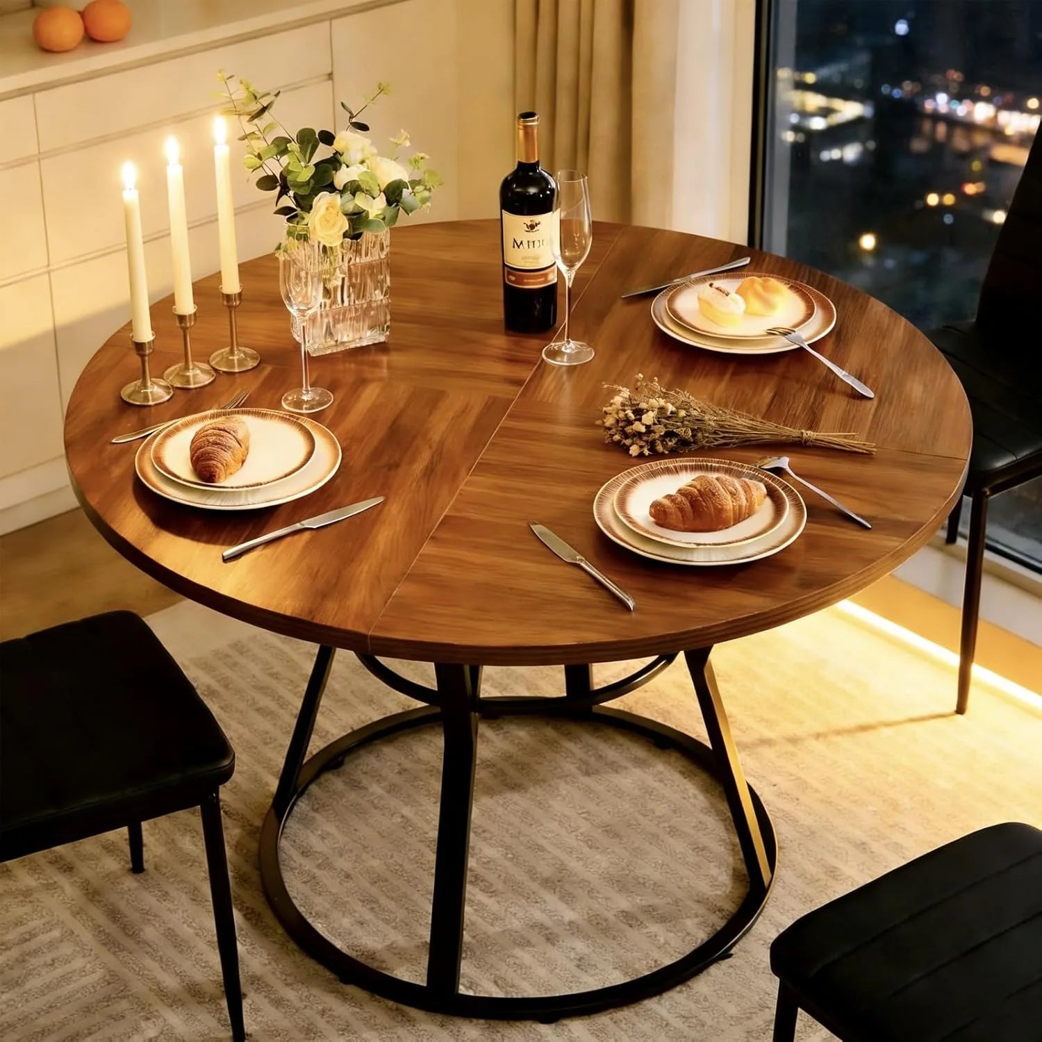 47” Round Dinner Table for 4 6, wood metal