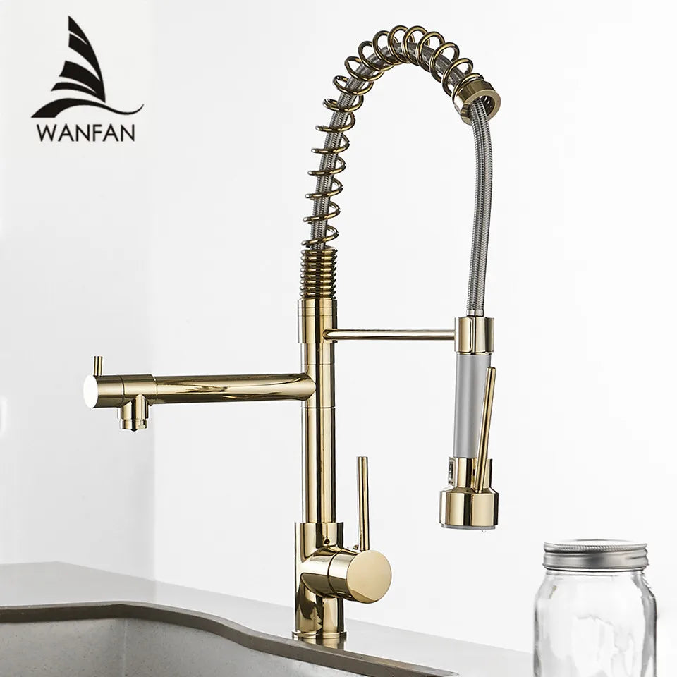 Gold Single Pull Out Spring Spout Mixers