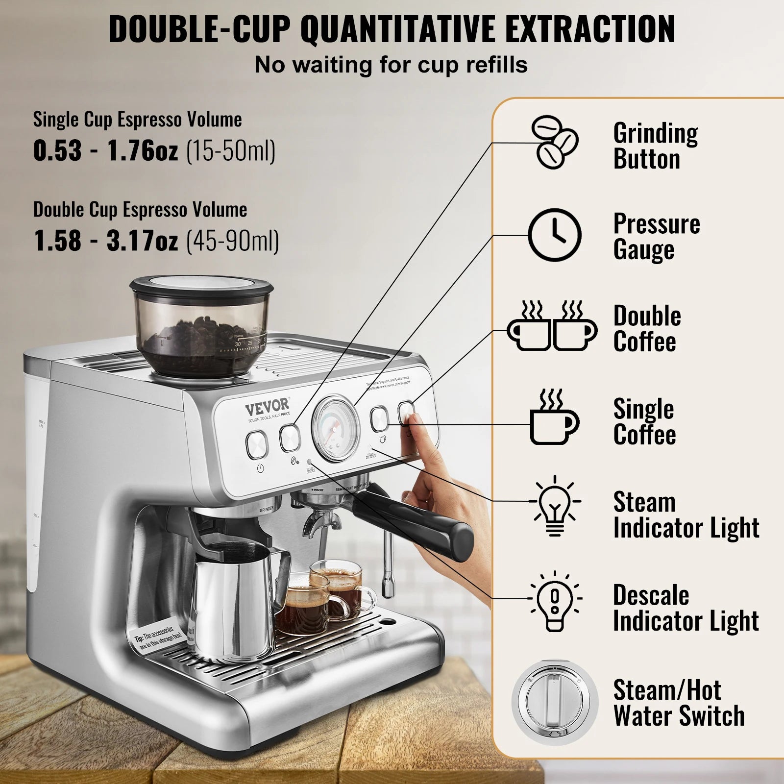 Espresso Machine W/ Grinder 15 Bar Semi-Automatic