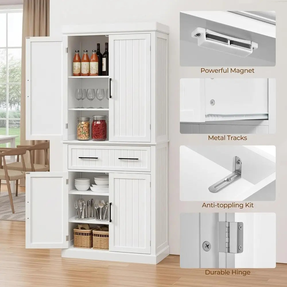 72.5" T White Pantry Cabinet 4 Doors & 2 Adjustable Shelves