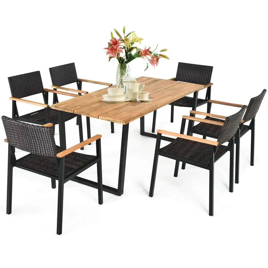 7 Outdoor Patio Rectangle Acacia Wood Rattan Chairs