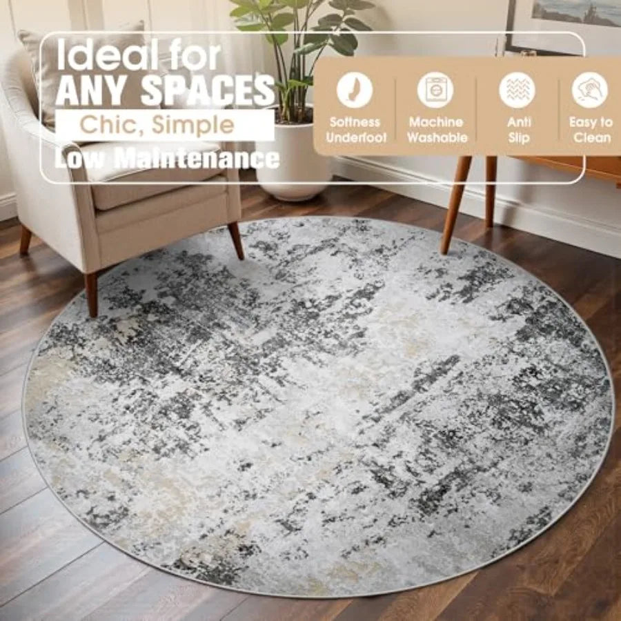 6' Circle Washable Grey/Black