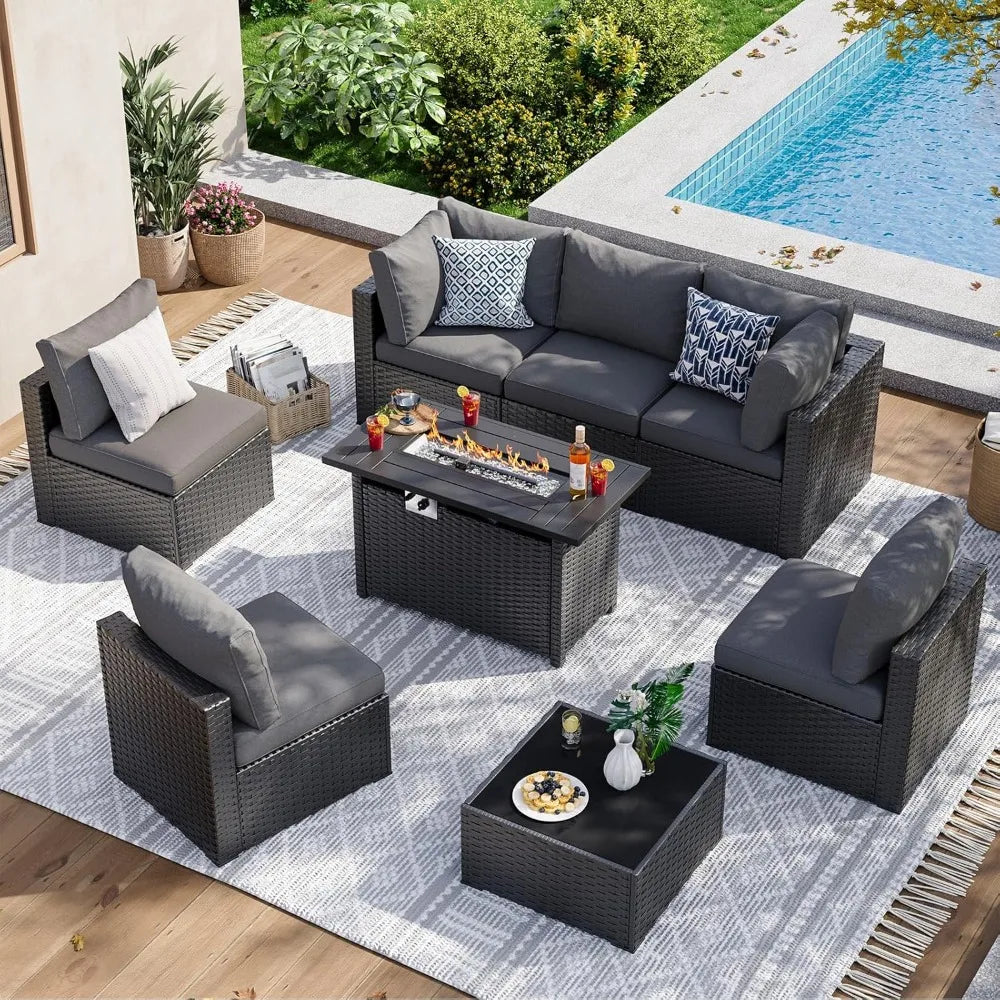 8-Piece Whicker Patio Set W/Fire Pit