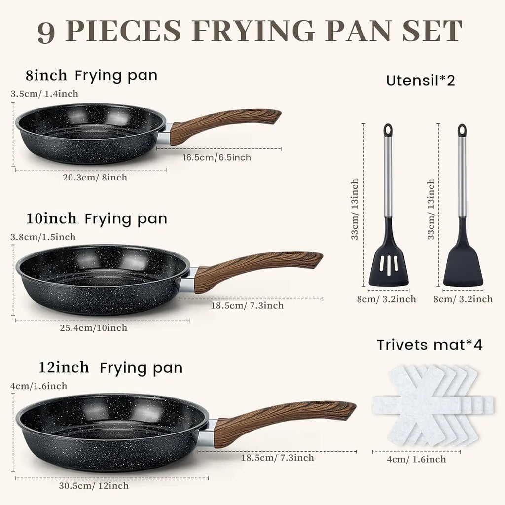 Nonstick Frying Pan Set - 9 Pieces, 3 Sizes (8"/10"/12")