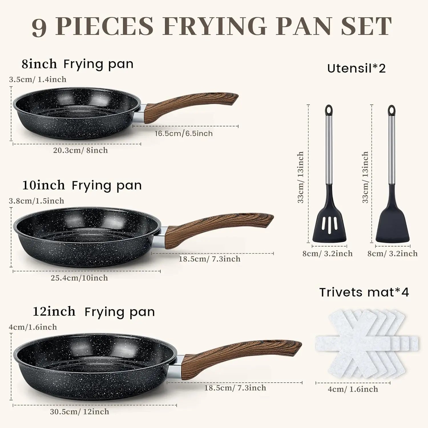 Nonstick Frying Pan Set - 9 Pieces, 3 Sizes (8"/10"/12")