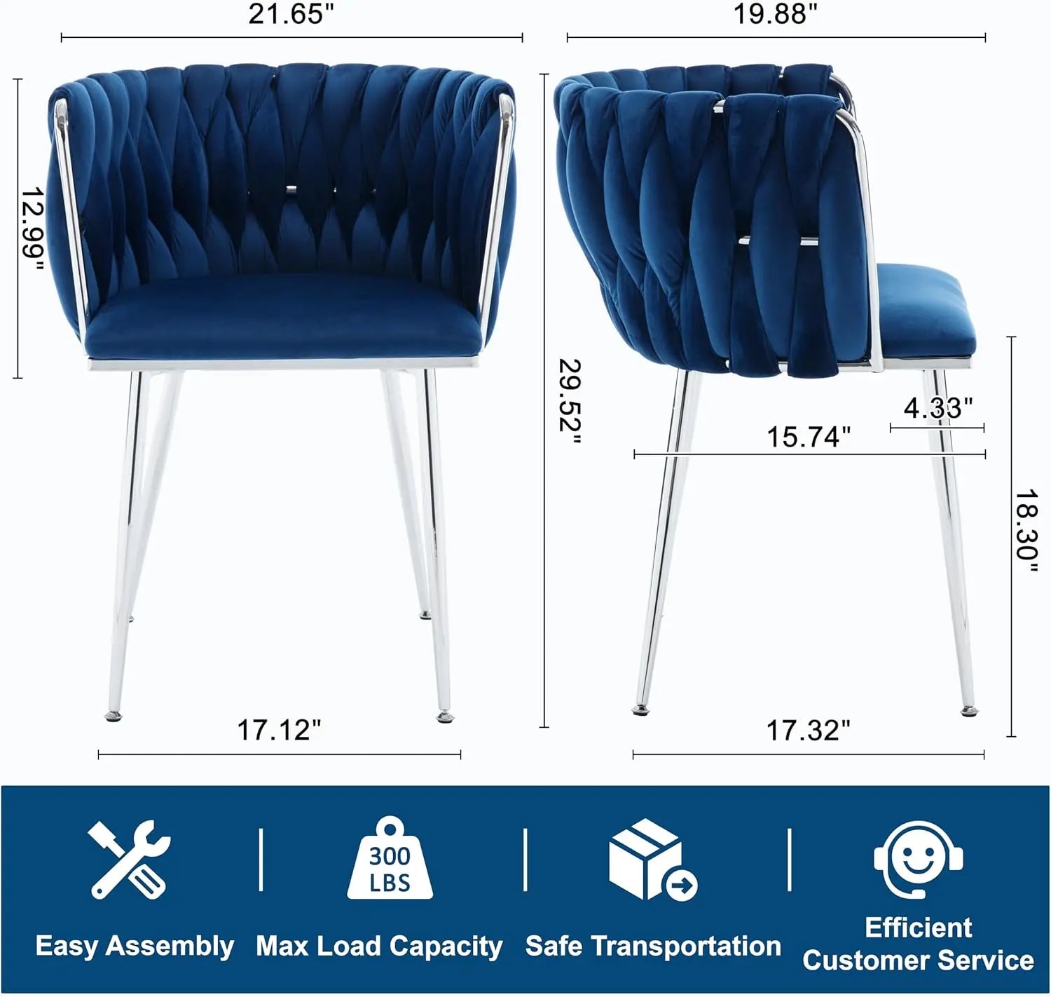 4 Navy Blue Velvet Upholstered Silver Legs