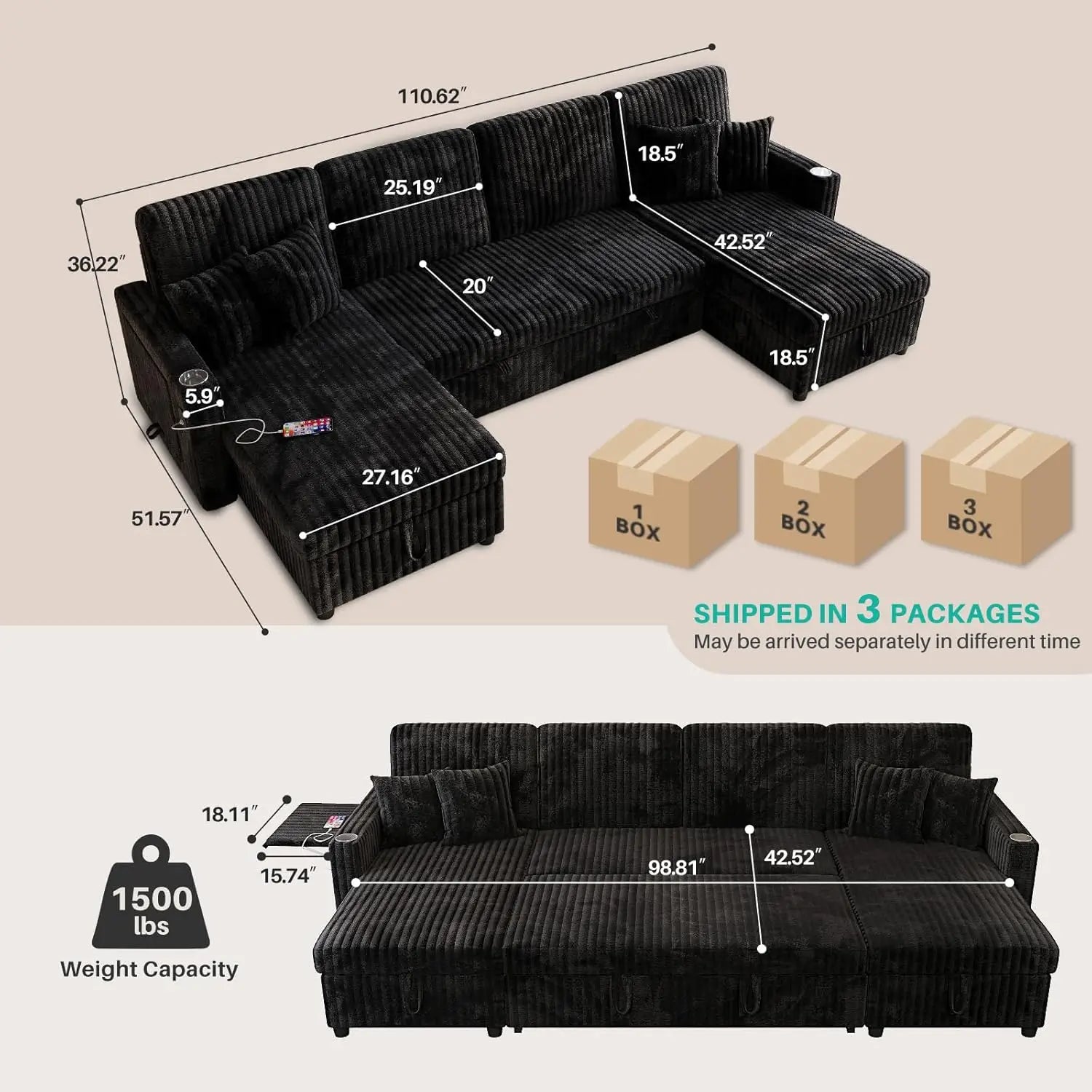 Sleeper Sectional Sofa, 110" Modern U