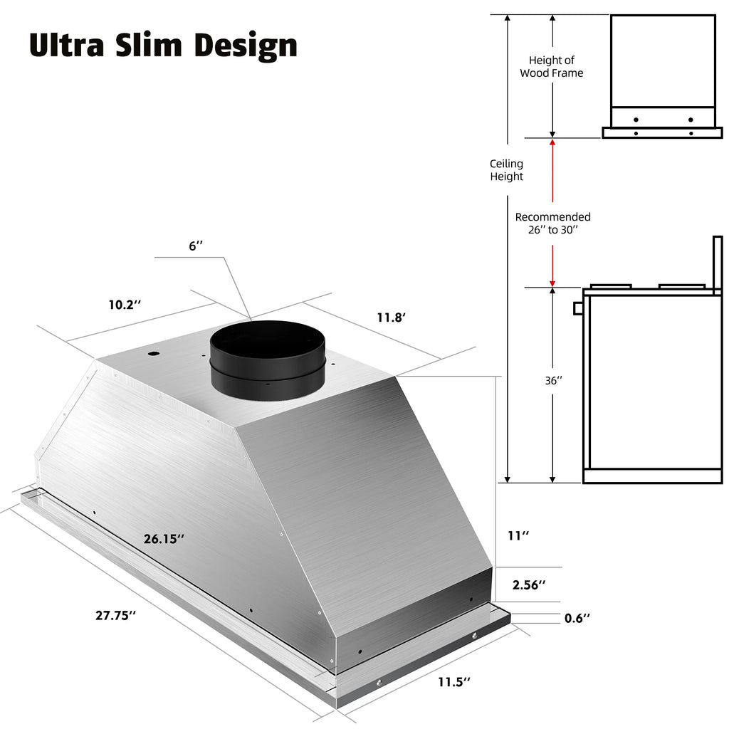 Range Hood 30/36" Built-in 750 CFM, Ducted/Ductless