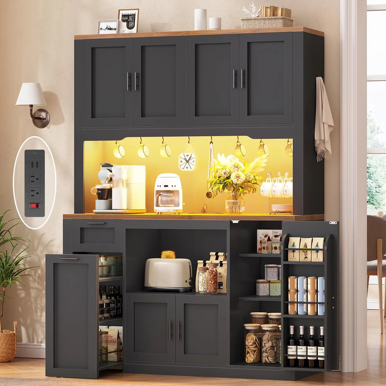 47.2X71" Pantry Cabinet W/Charging Station/LED Light/Microwave Stand,