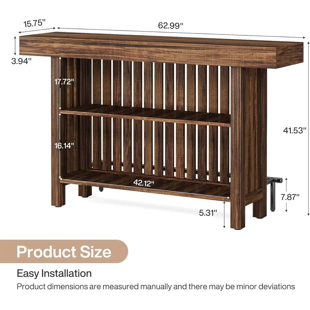 63" Rustic Brown Bar w/2-Tier Storage 42"H