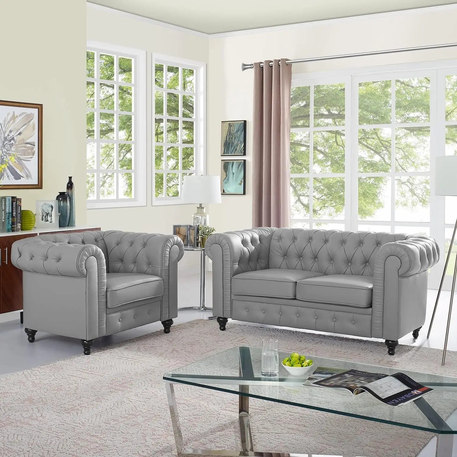 3-Piece Leather Chesterfield Sofa Set