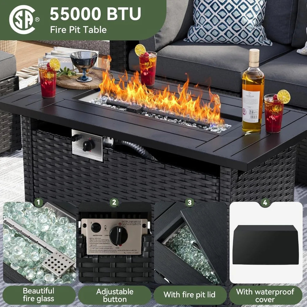8-Piece Whicker Patio Set W/Fire Pit