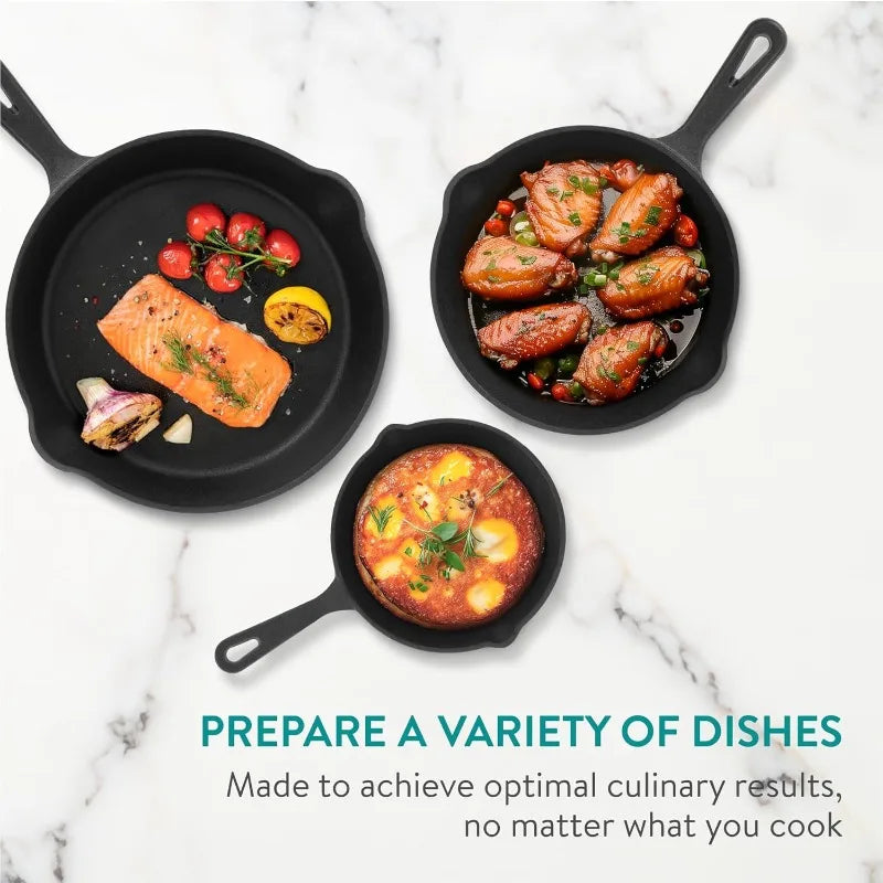3pcs Cast Iron Skillet Set 5.9/7.8/9.8in Heavy Duty