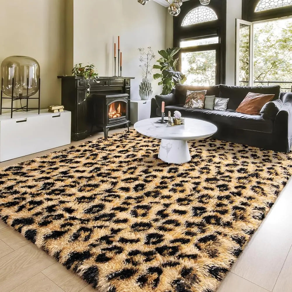5x8 Khaki Fluffy Leopard Cheetah