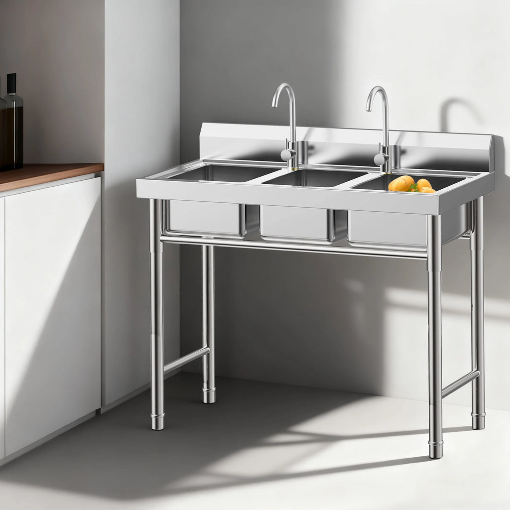 3-Compartment Stainless Commercial w/2 Faucets