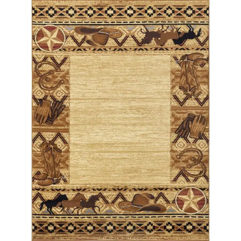 5'3"x7'3" Beige Brown Border Ranch Horses