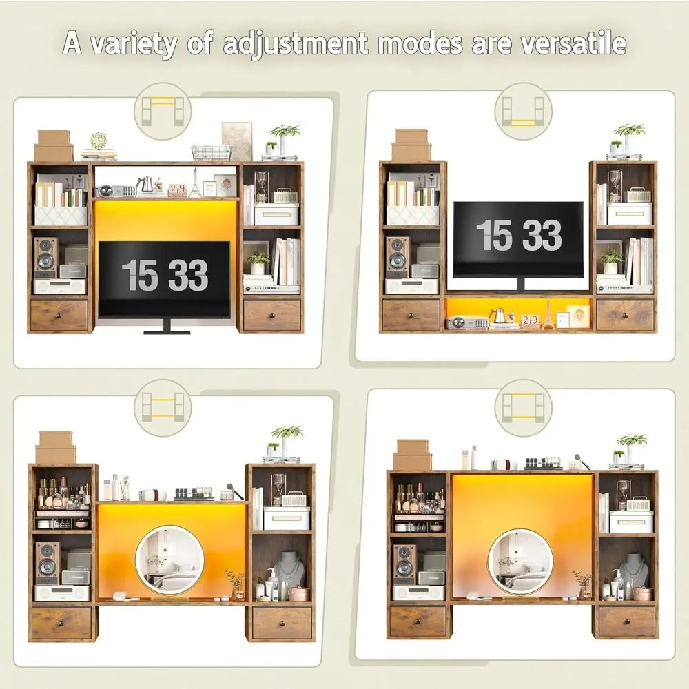 Bookshelf W/ LED Light/47.2"/Organizer 6 Shelves 2 Drawers