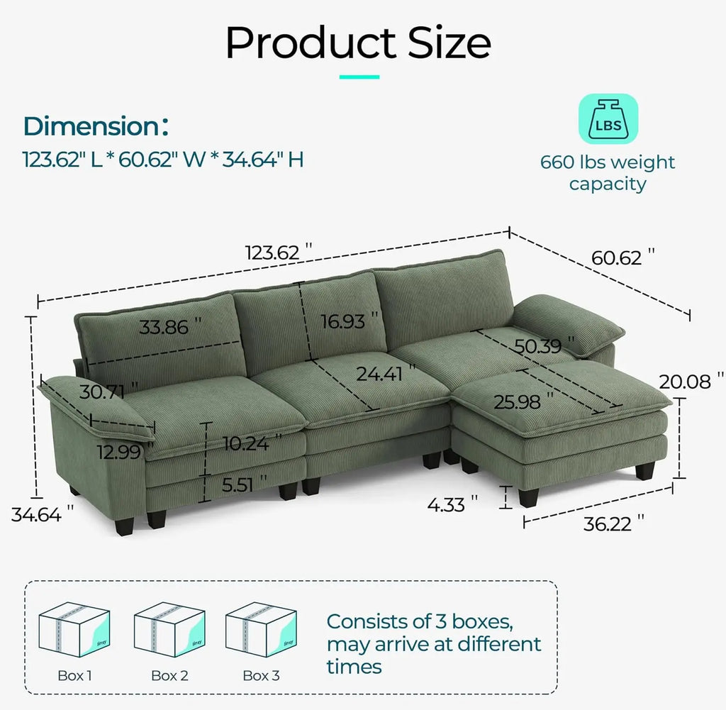 123'' Modular Sectional Green Corduroy