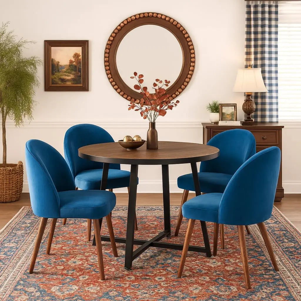 35" 5-Piece Round Wood & 4 Velvet Chairs