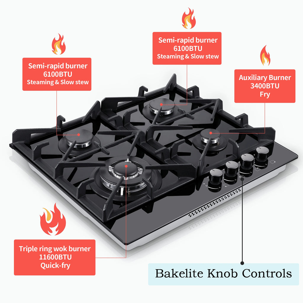 24 Inch 4-Burner Gas Cooktop | Dual Fuel NG/LPG