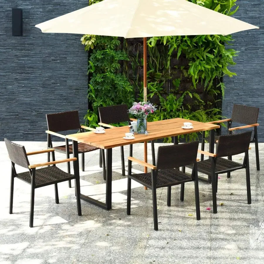 7 Outdoor Patio Rectangle Acacia Wood Rattan Chairs