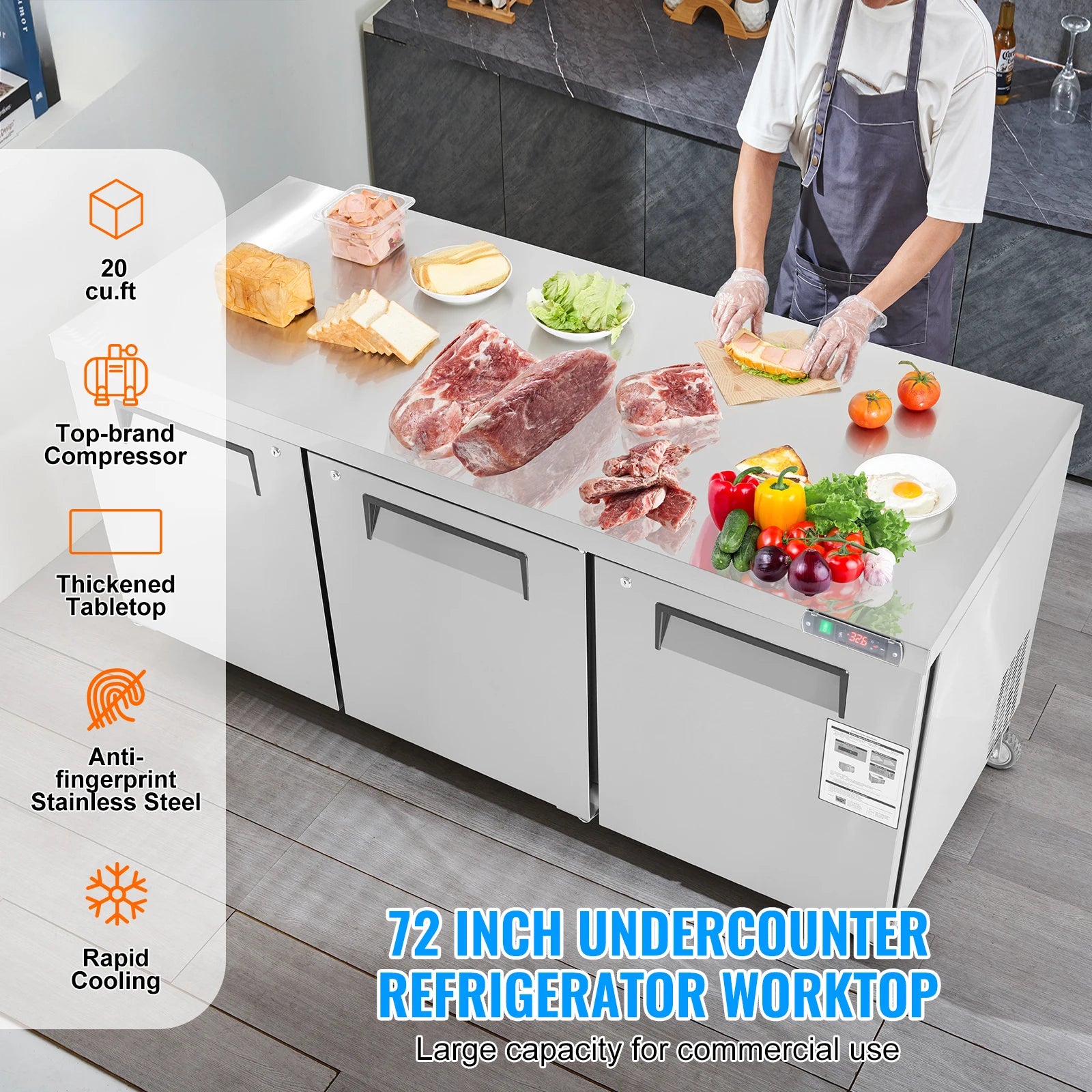 20 CF 72" Commercial Refrigerator Sandwich & Salad Prep