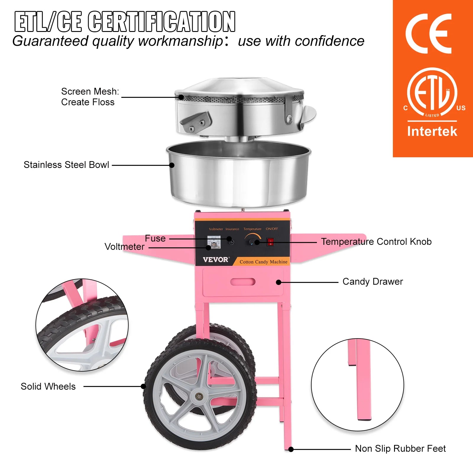 Commercial Electric Cotton Candy Machine W/Cart 1000W