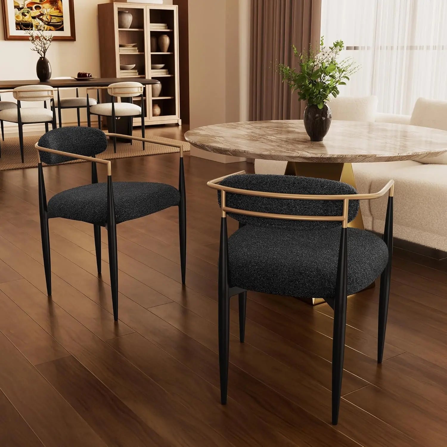2 Modern Upholstered Boucle Gold Arms & Black