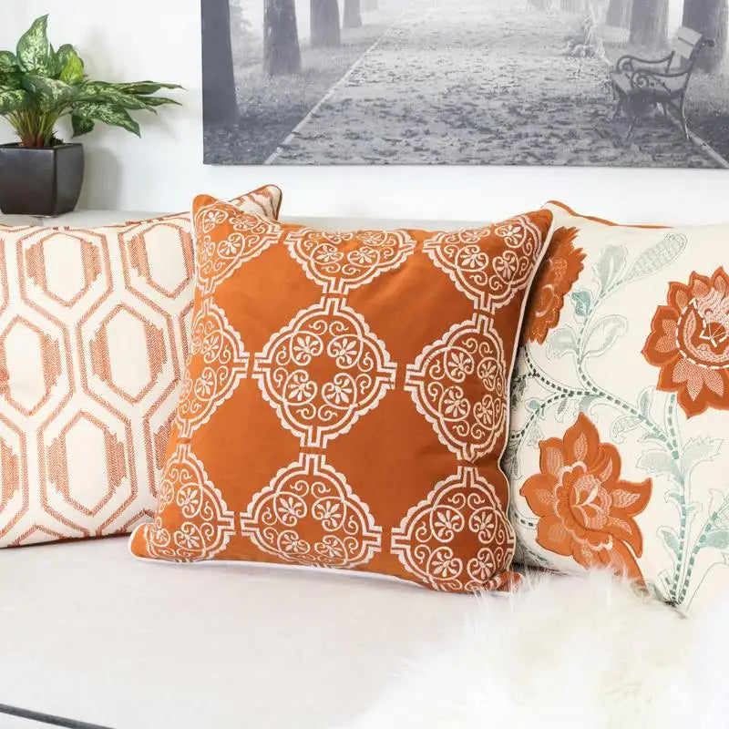 Burnt Orange Damask Embroidered Pillow