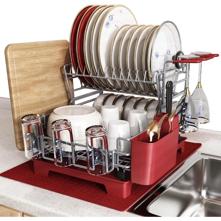 2 Tier Red Large Stainless Steel Dish Rack