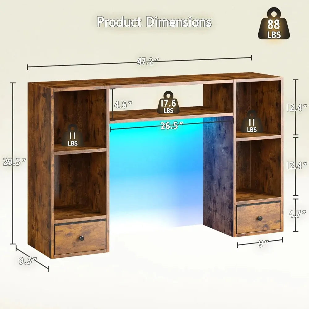 Bookshelf W/ LED Light/47.2"/Organizer 6 Shelves 2 Drawers