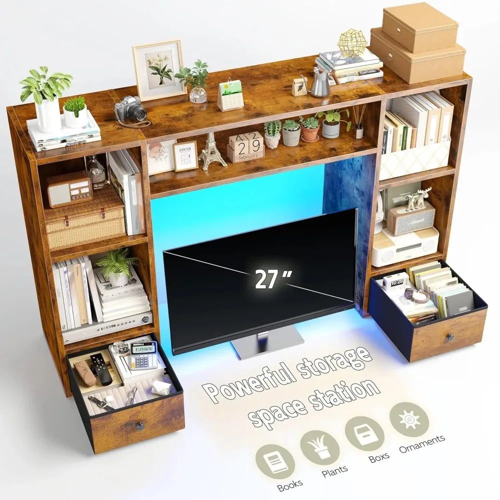 Bookshelf W/ LED Light/47.2"/Organizer 6 Shelves 2 Drawers