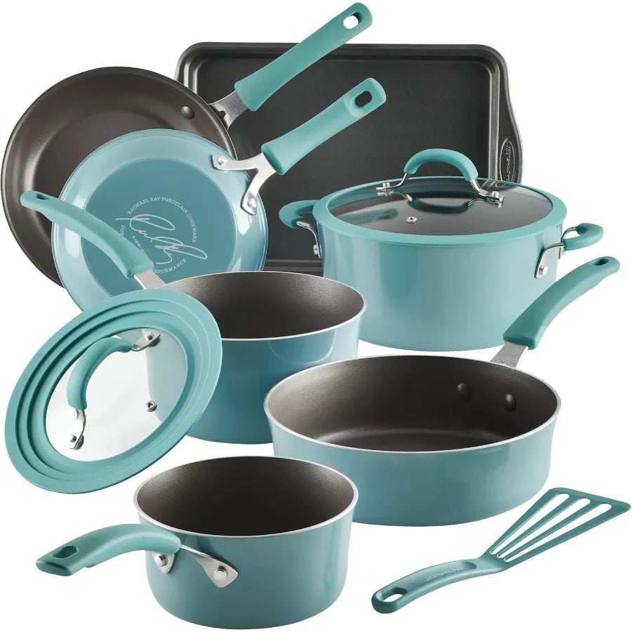 Nonstick Cookware Pots and Pan Set 10 Pcs Agave Blue