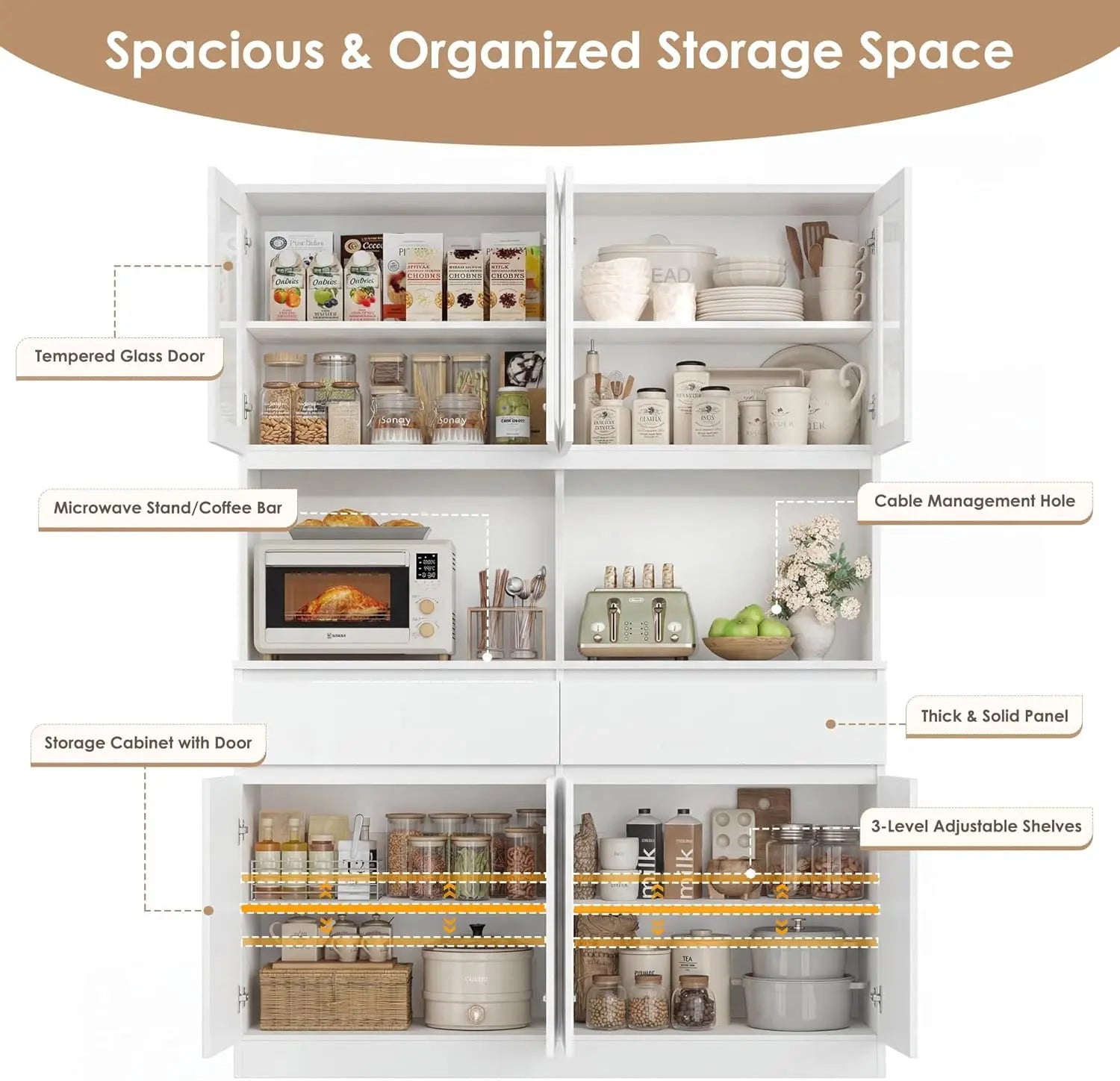 75" x 55" Kitchen Pantry Cabinet, Glass Doors, Drawers