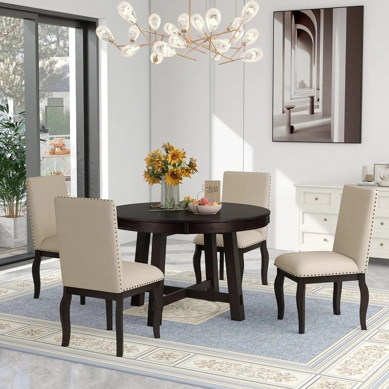 42-58" Farmhouse Set Extendable Wood w/4 Upholstered Chairs