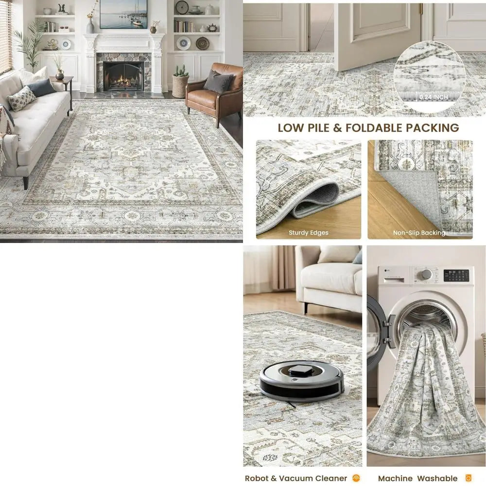 8x10 Washable Vintage Floral Blue/Beige