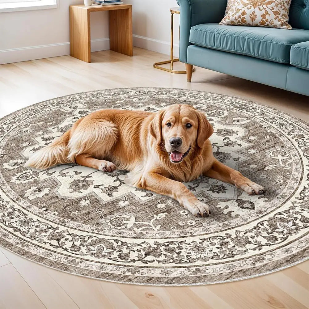 6' Circle Washable Oriental Floral Waterproof