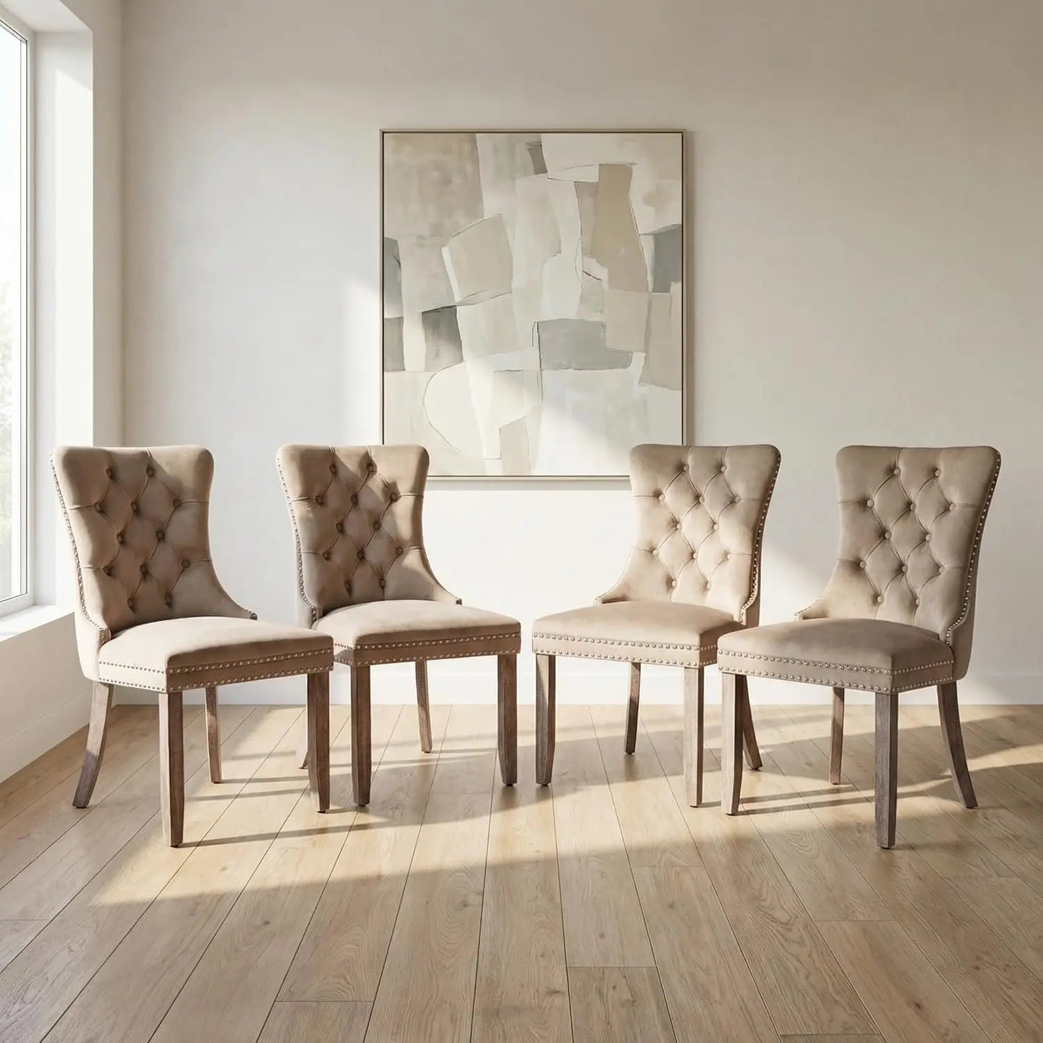 4 Modern Tufted Upholstered Beige Velvet