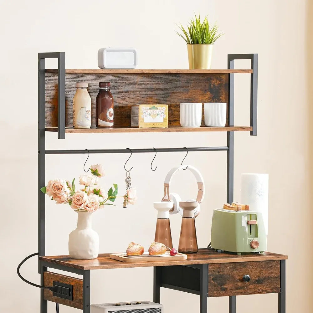 Bakers Rack W/4 Outlets/5-Tier Coffee Bar/MW Stand