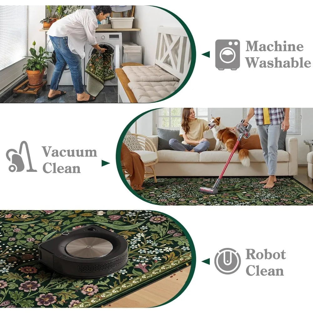 9x12 Washable Green Boho Botanical