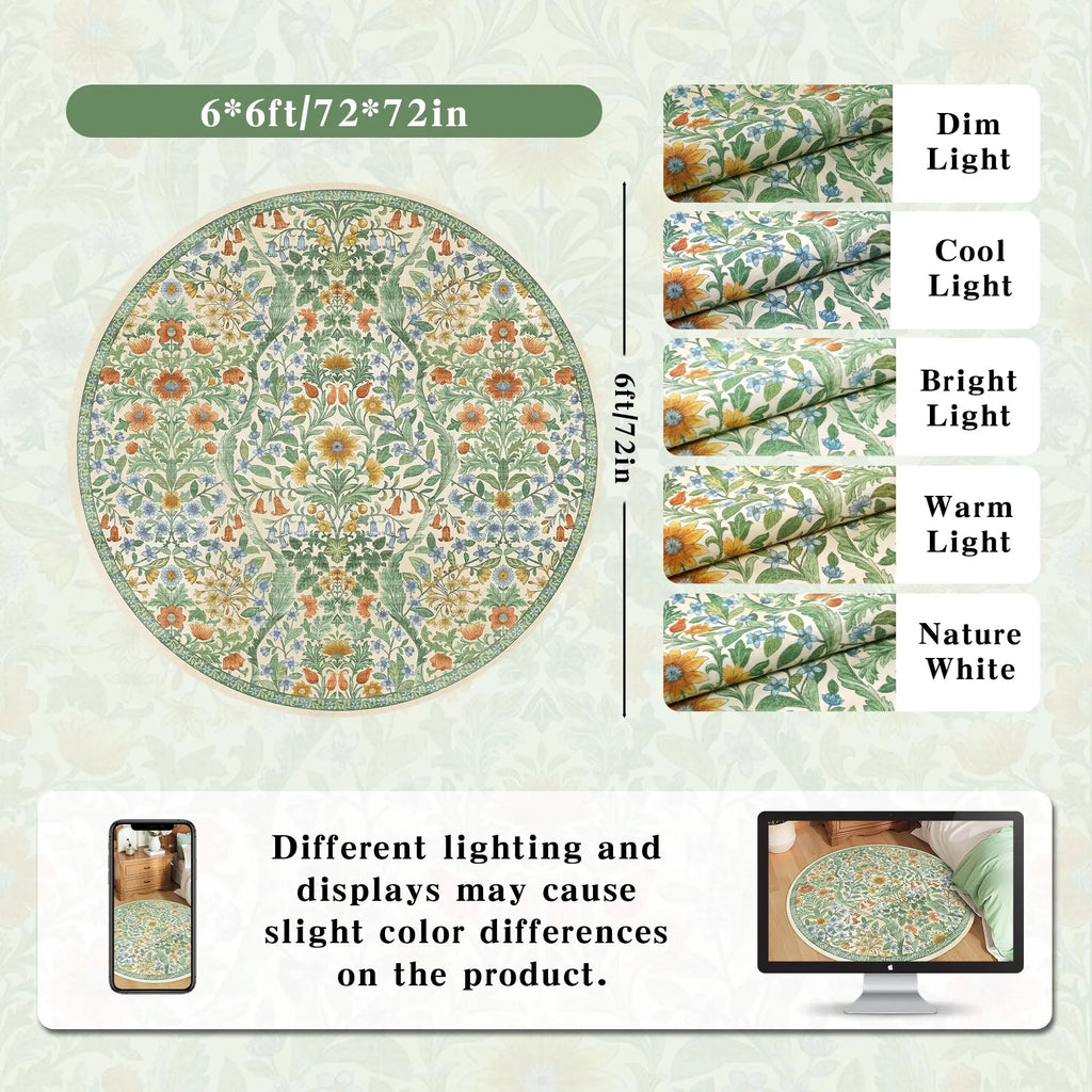 6x6 Circle Grass Green Washable Floral