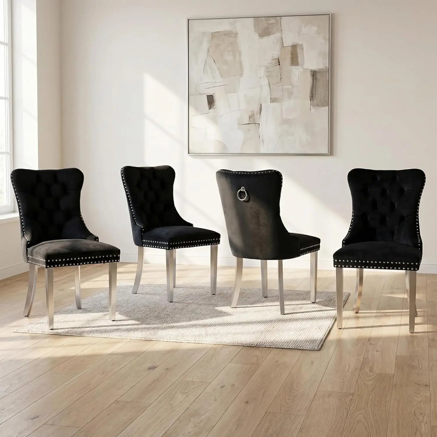 4 Modern Tufted Upholstered Beige Velvet