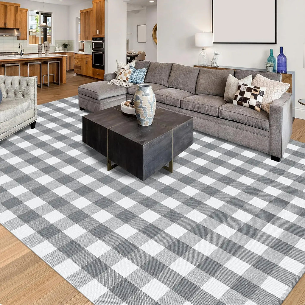 8x10 Grey/White Check Washable Indoor/Outdoor