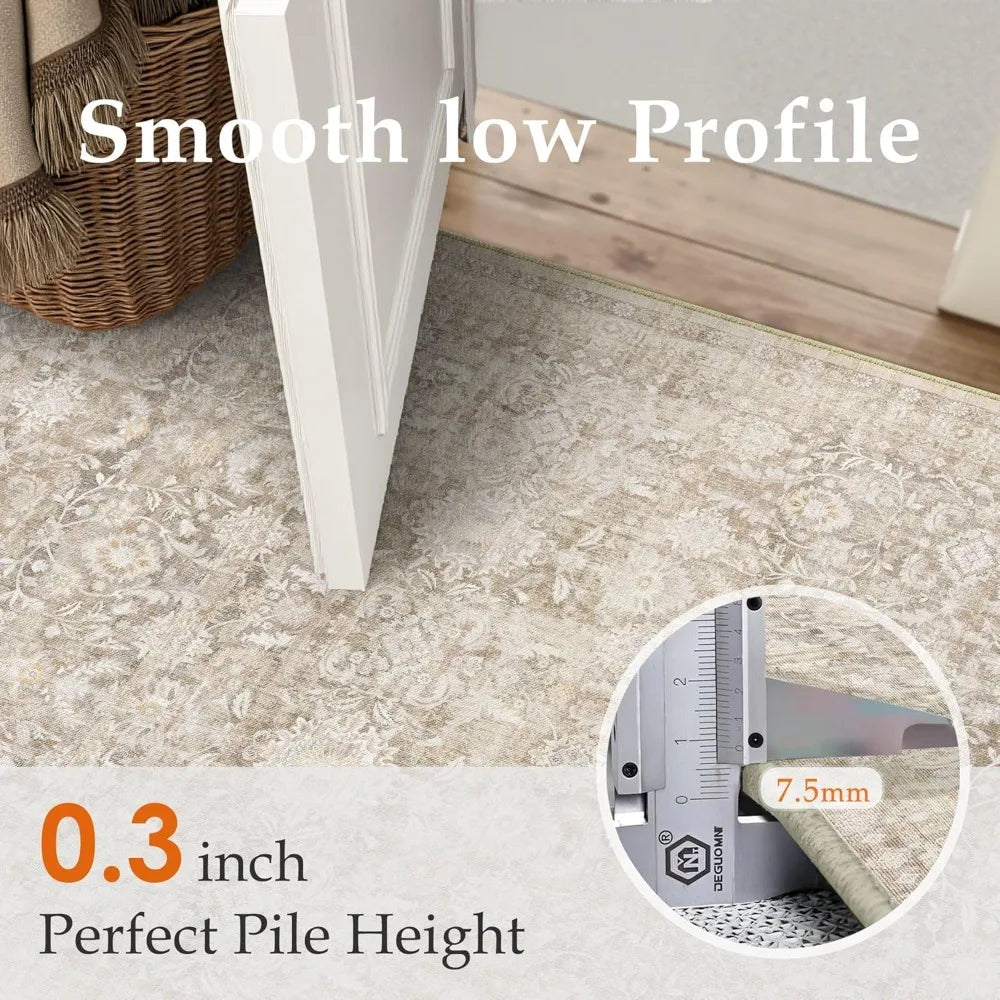 Elegant Beige Floral Washable Low Pile