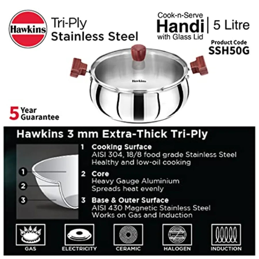 5 Litre Cook n Serve Handi Triply Stainless
